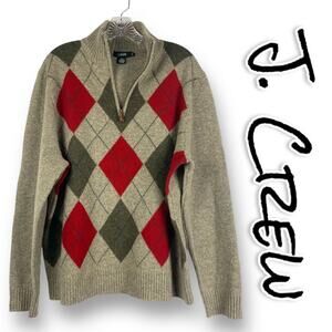 J Crew Lambs Wool Quarter Zip Sweater Argyle Mens Size XL Flaw